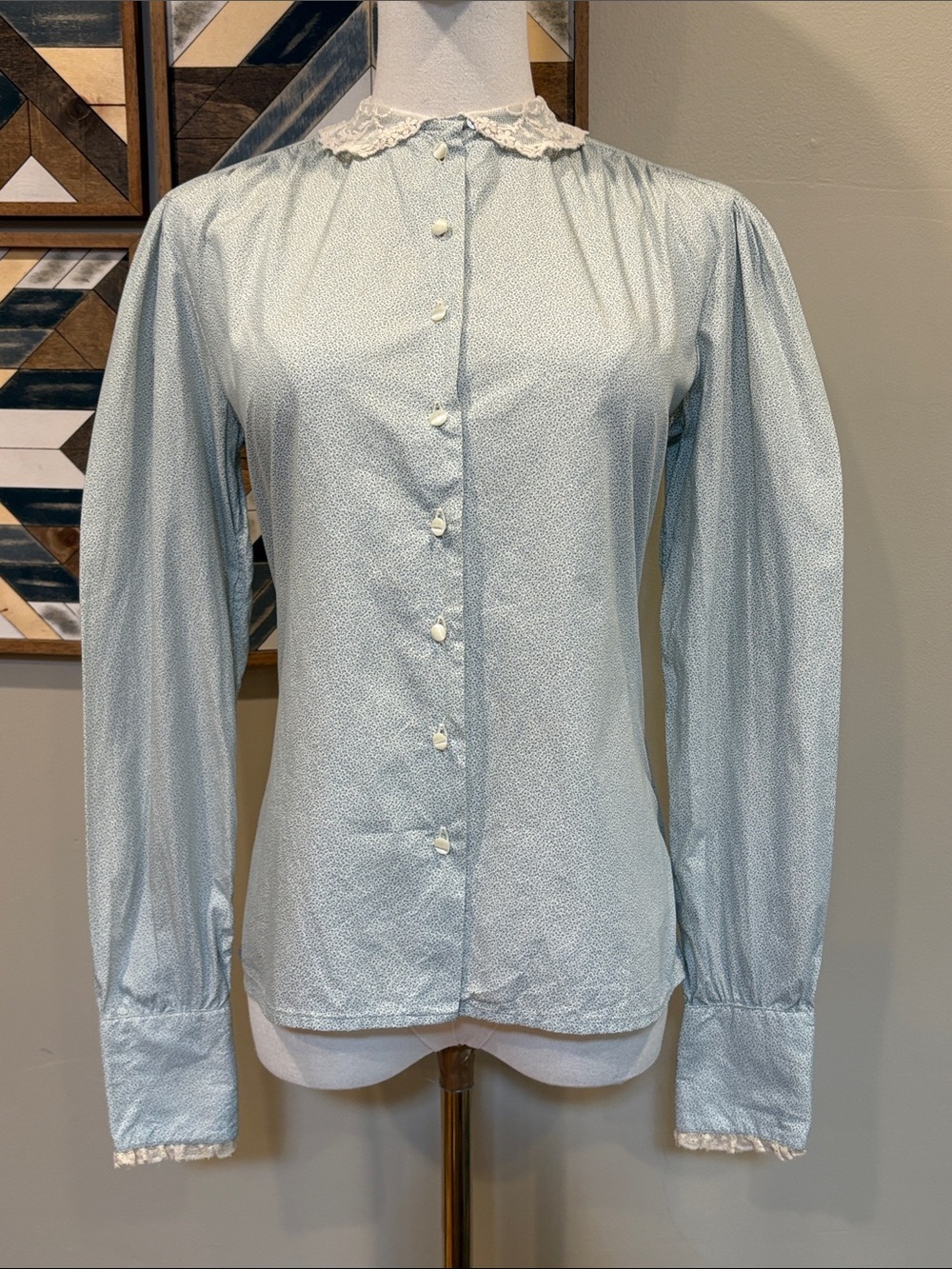 Vintage Ralph Lauren Light Blue Ivory Button-Up Lace Collar Cotton Blouse size 4